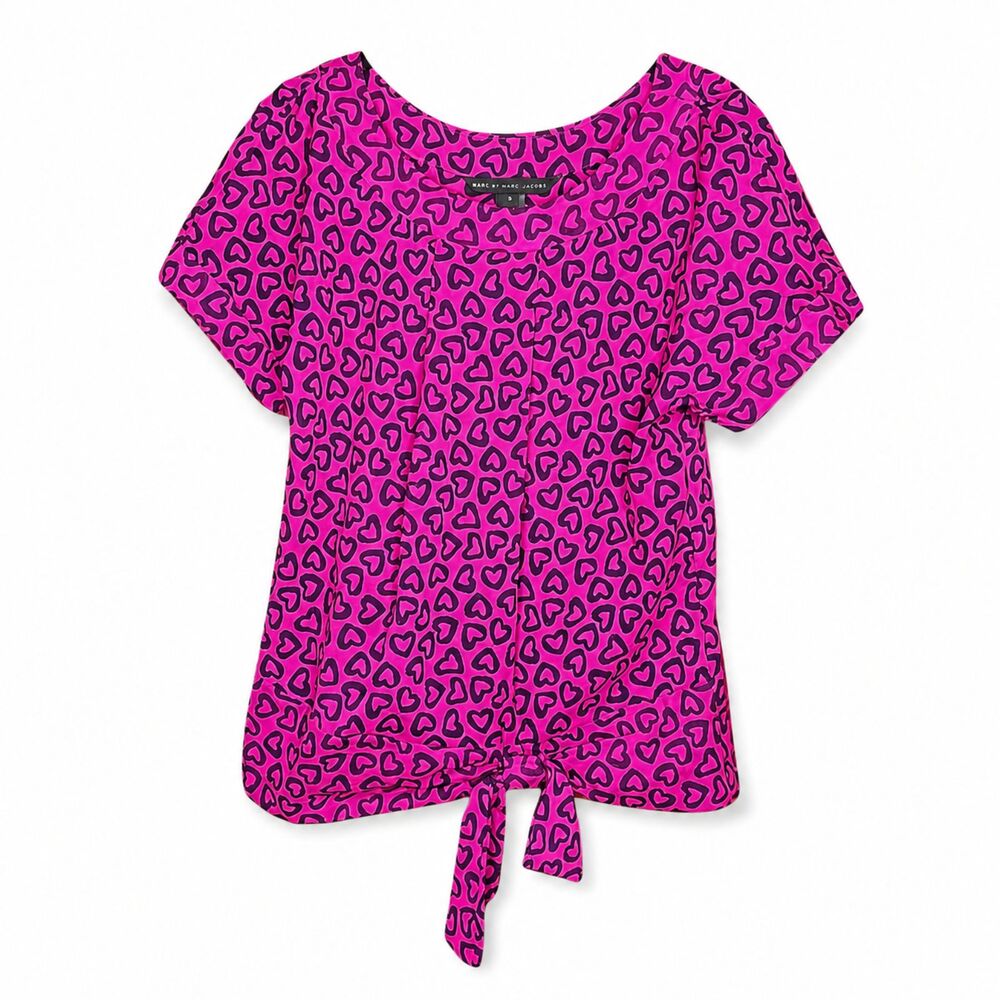 Marc by Marc Jacobs Pink Blue Heart Print Bow Y2K Geometric Feminine Top Size S